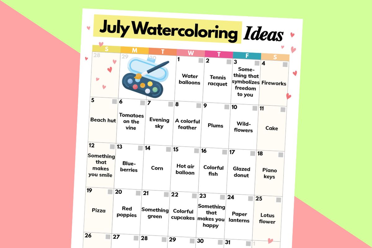 july watercoloring calendar on a yellow and red 2-color background