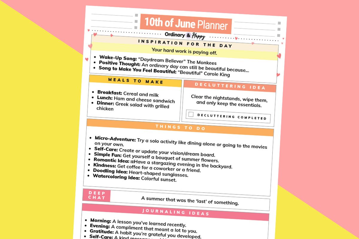 10th of june colorful daily planner printable displayed tilted to the right on a 2-color red and yellow background