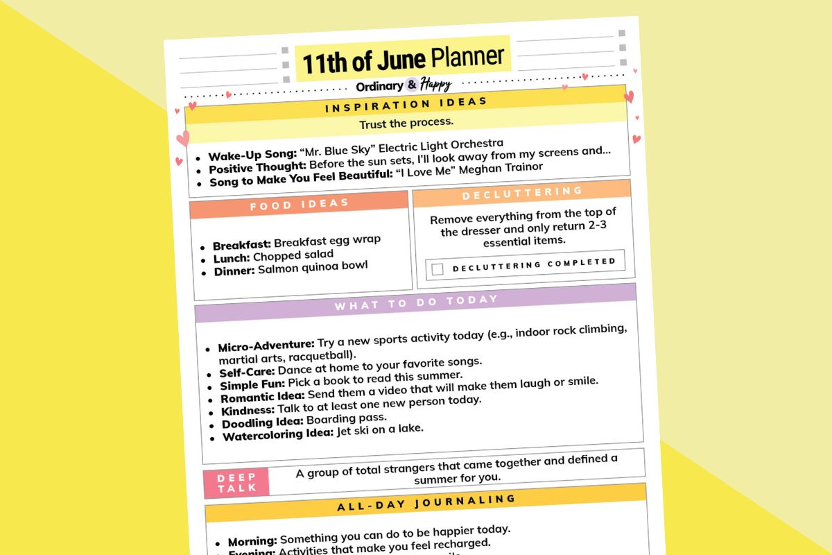 june 11th daily planner colorful graphic printable displayed on a 2-color yellow background