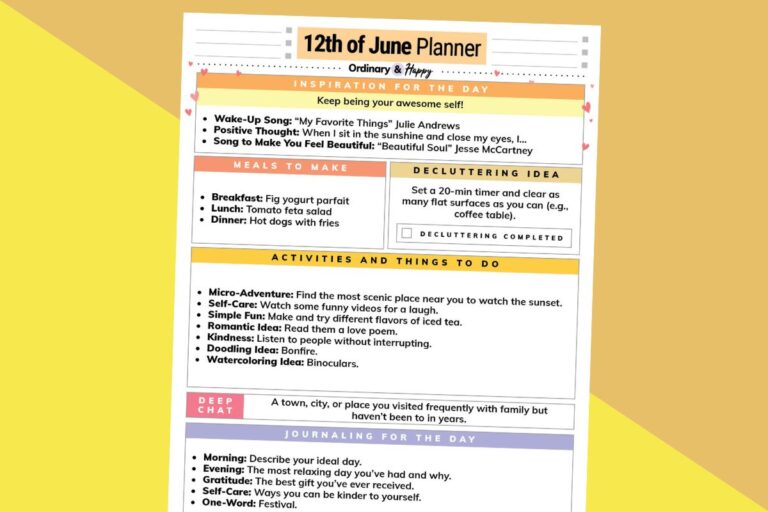 june 12th daily planner printable tilted to the right on an orange and yellow background