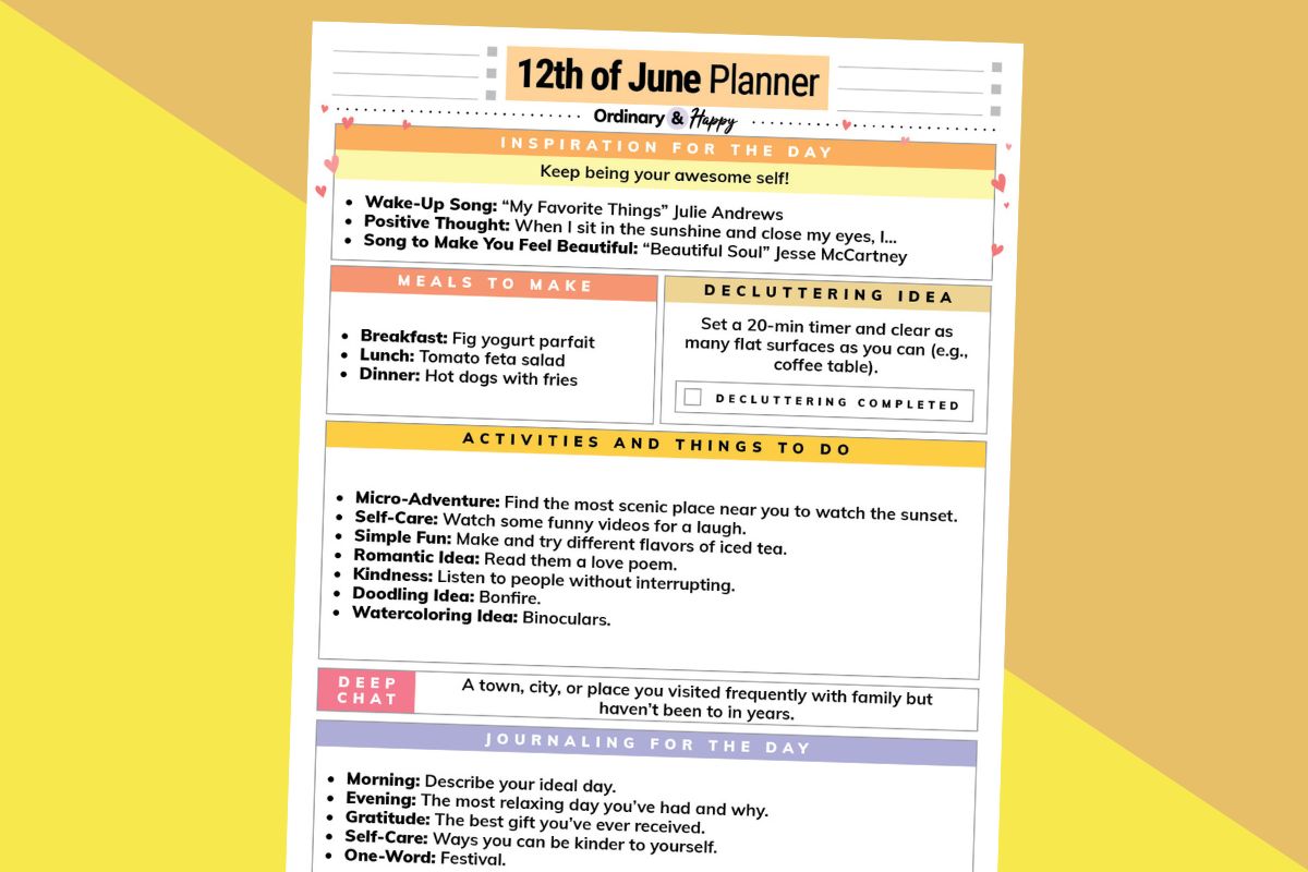 june 12th daily planner printable tilted to the right on an orange and yellow background