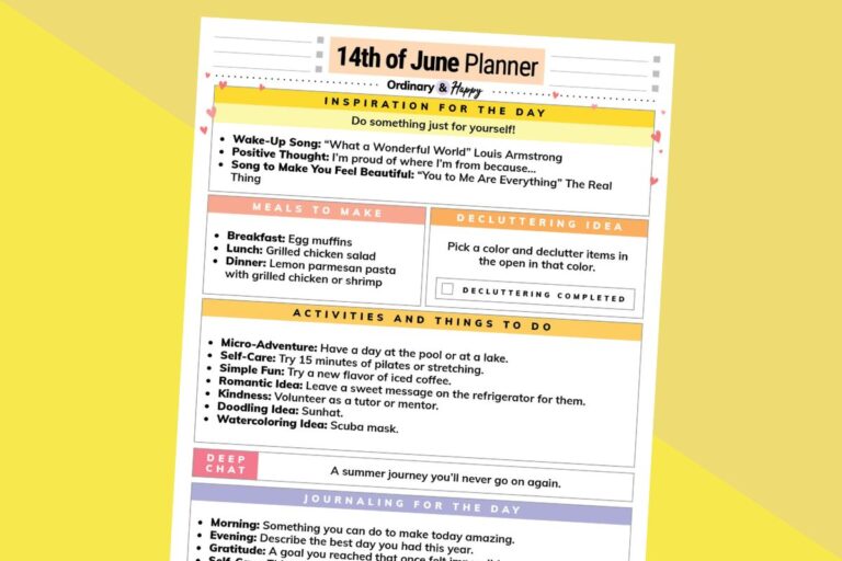 june 14th daily planner printable displayed on an orange and yellow backdrop