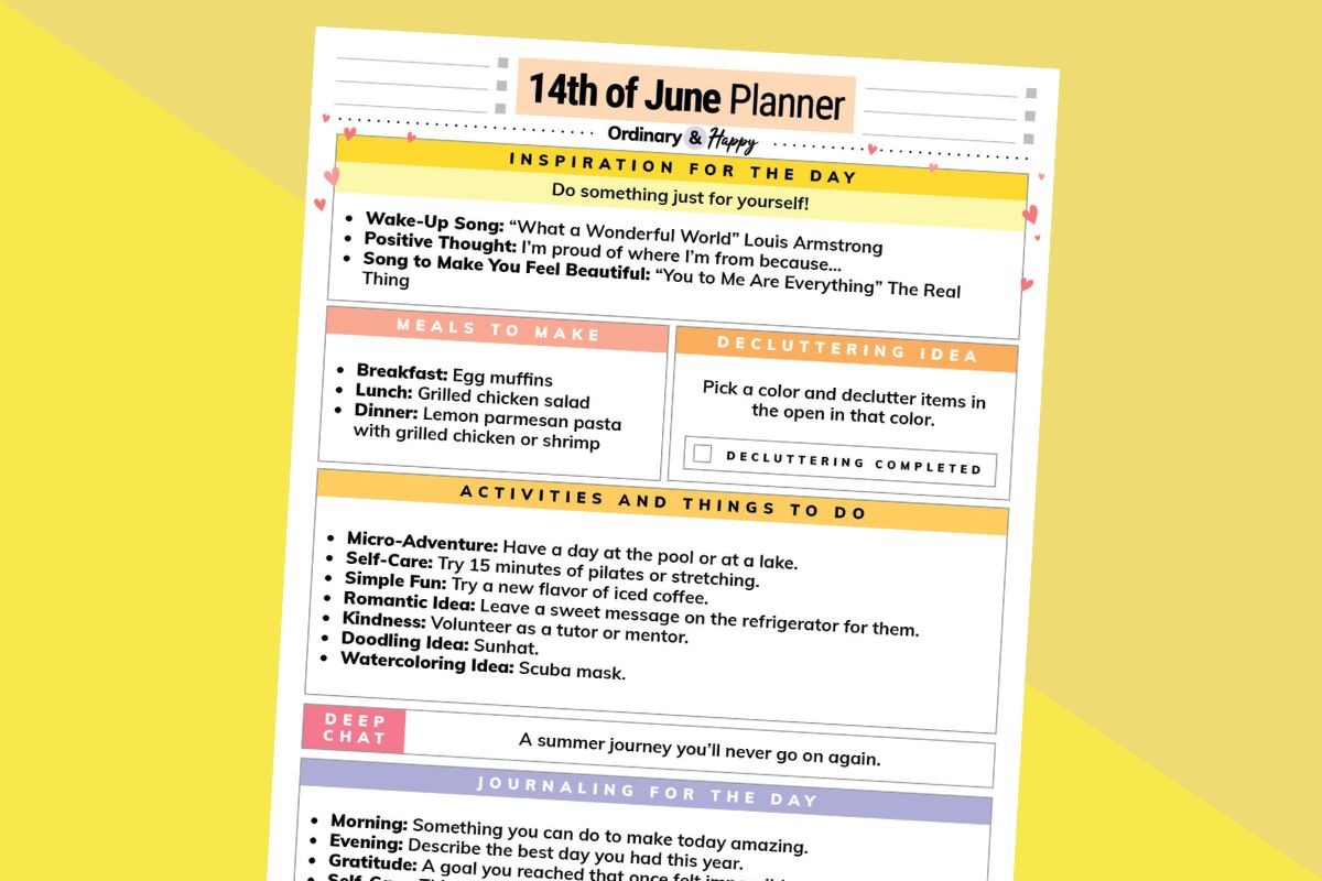 june 14th daily planner printable displayed on an orange and yellow backdrop