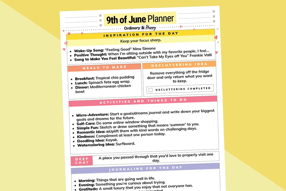 june 9th daily planner partially visible displayed on a 2-color yellow background