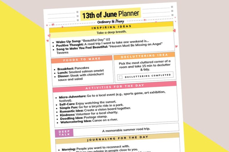 june 13th daily planner printable on a 2-color diagonal pink and yellow background