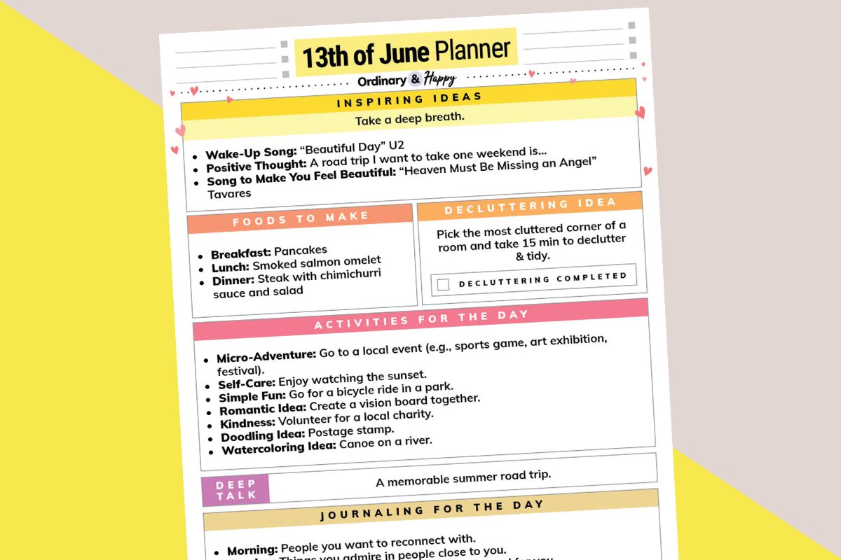 june 13th daily planner printable on a 2-color diagonal pink and yellow background