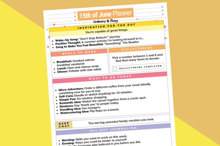 june 15th daily planner printable displayed on an orange and yellow 2-color background