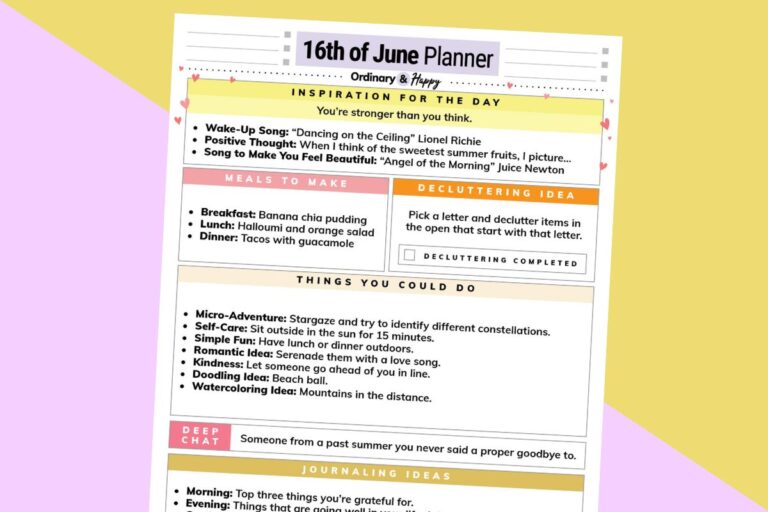 june 16th daily planner tilted to the right on a yellow and lilac 2-color background