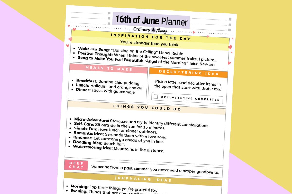 june 16th daily planner tilted to the right on a yellow and lilac 2-color background