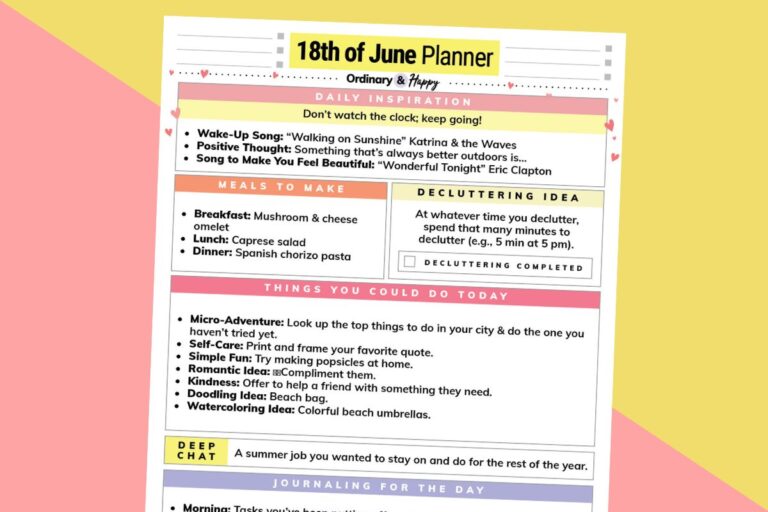 june 18th daily planner printable on a yellow and red background