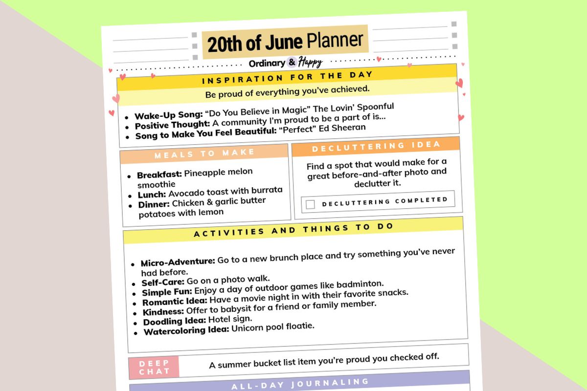 june 20th daily planner printable partially visible on a yellow and light orange background
