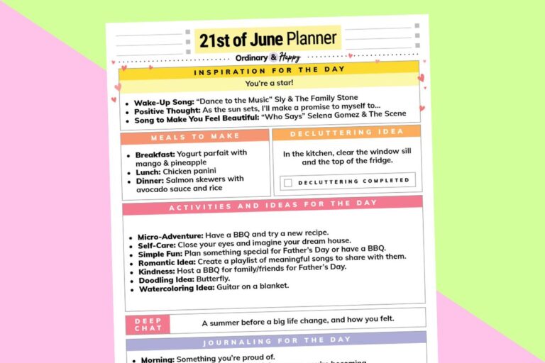 june 21st daily planner printable on a lilac and yellow background