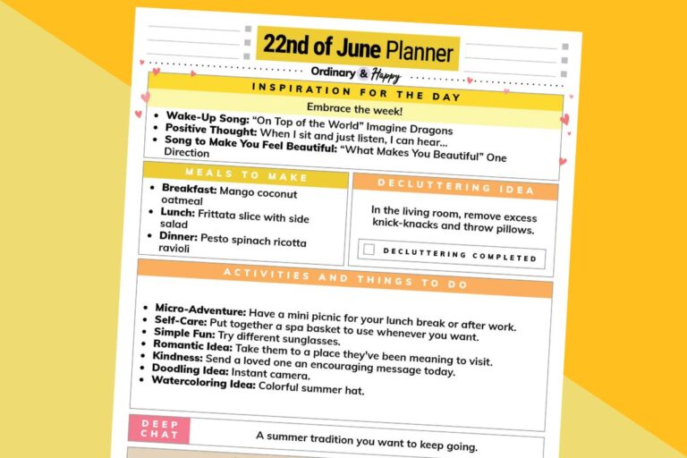 june 22 daily planner printable on an orange and yellow background