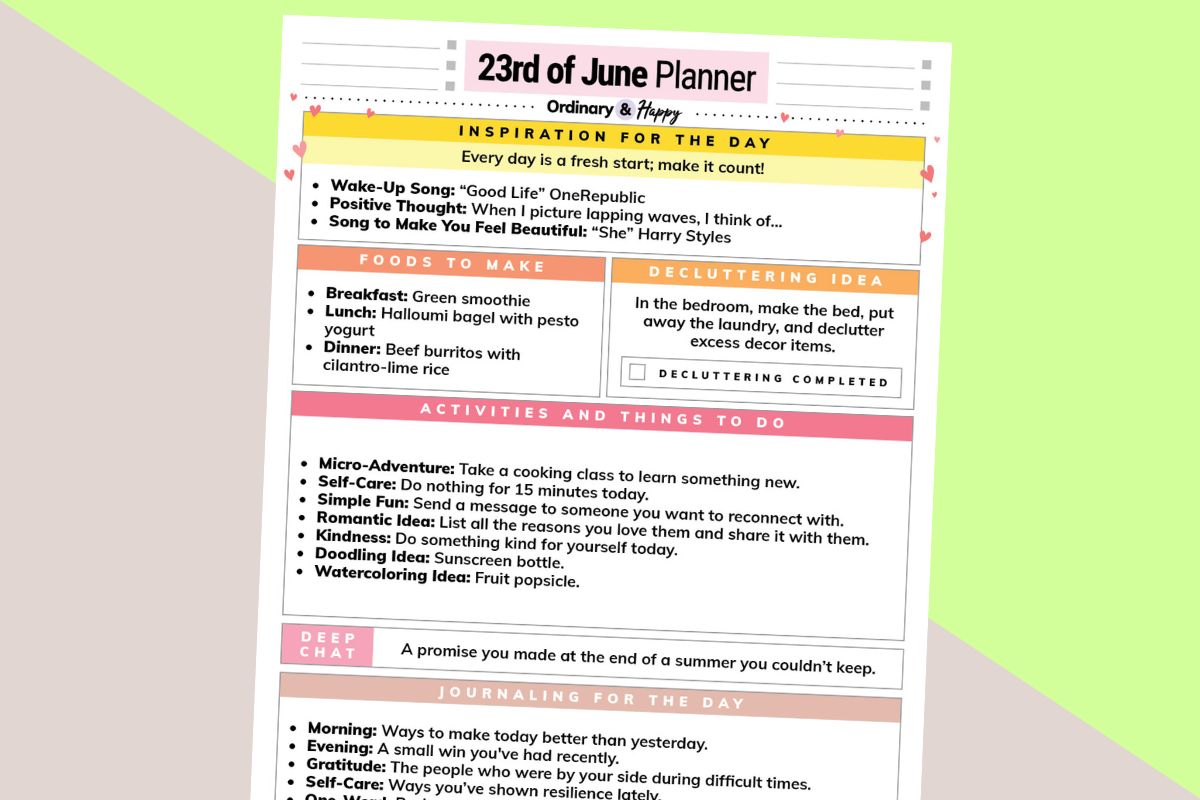 june 23rd daily planner printable displayed on a pink and yellow background