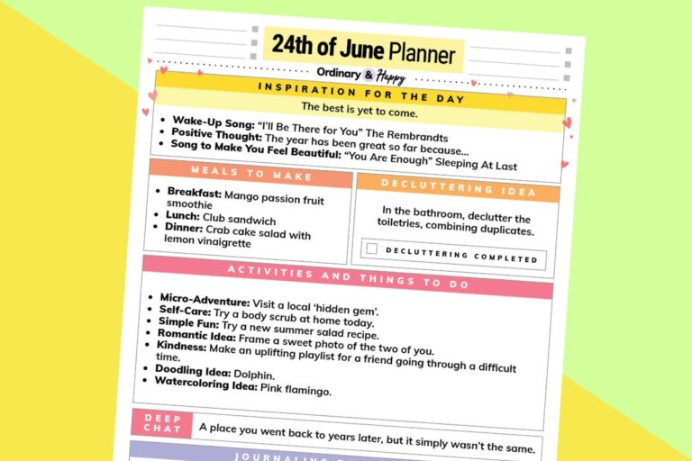 june 24th daily planner printable on a yellow and light yellow background