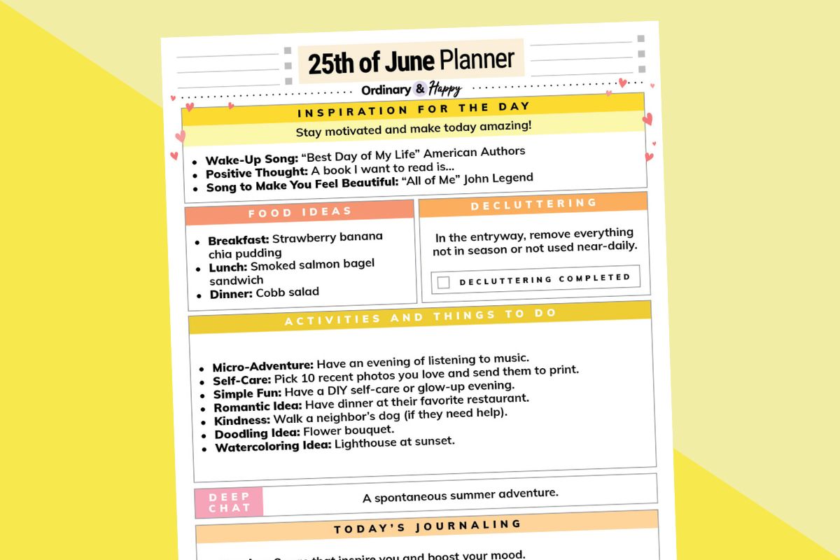 june 25th daily planner printable partially visible on a 2-color yellow background