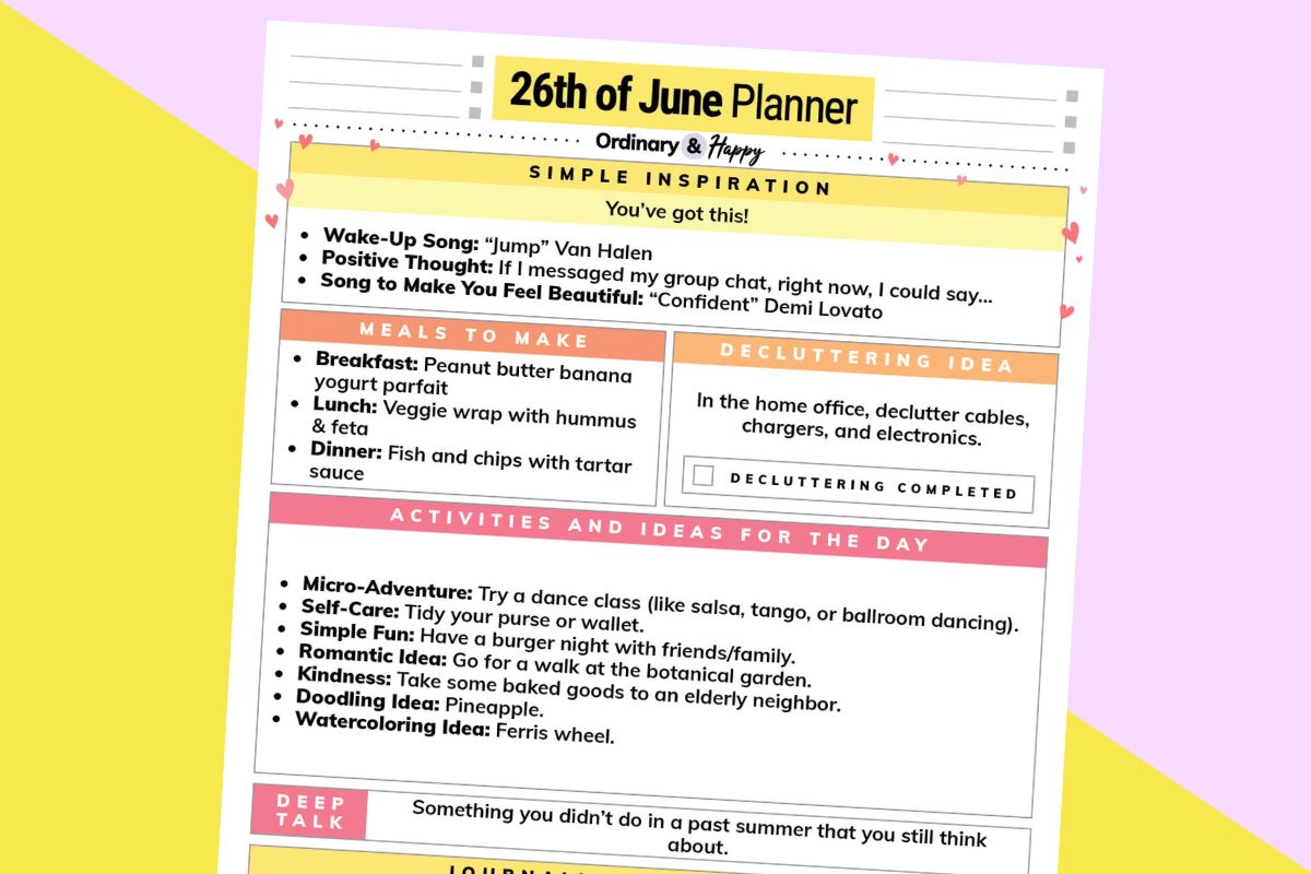 june 26th daily planner printable titled to the right displayed on a yellow and lilac background