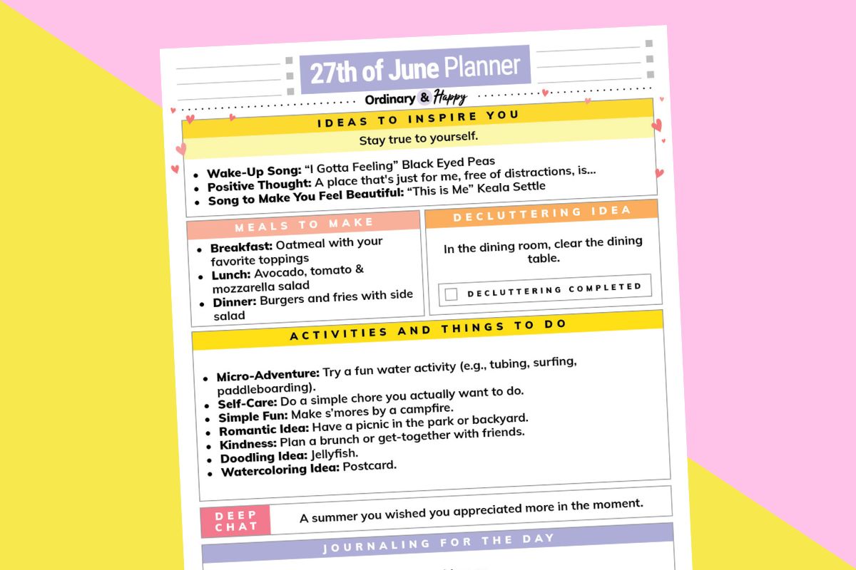 june 27th daily planner printable displayed on a yellow and lilac background