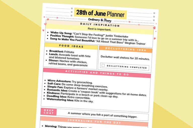 june 28th planner printable displayed on a 2-color background with ideas for all times of the day