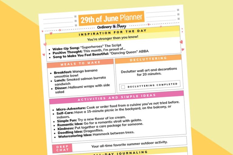 june 29th daily planner printable with lists of ideas for the day on a 2-color block color background