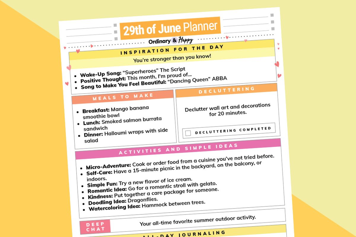 june 29th daily planner printable with lists of ideas for the day on a 2-color block color background