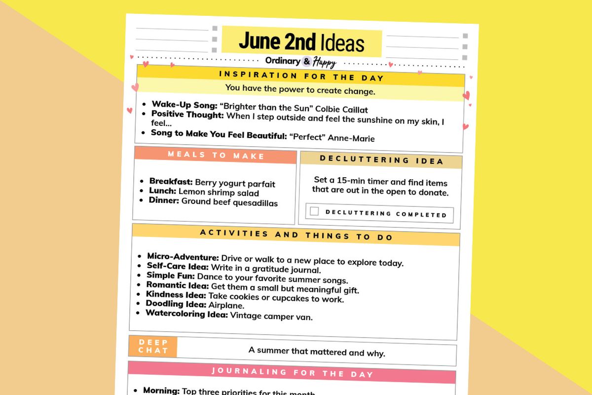 june 2nd daily planner tilted to the right on an orange and yellow background