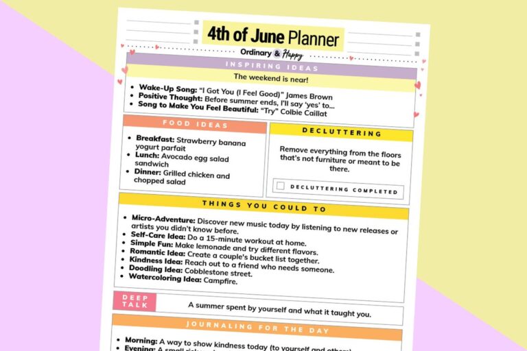 june 4th daily planner printable on a yellow and lilac 2-color background