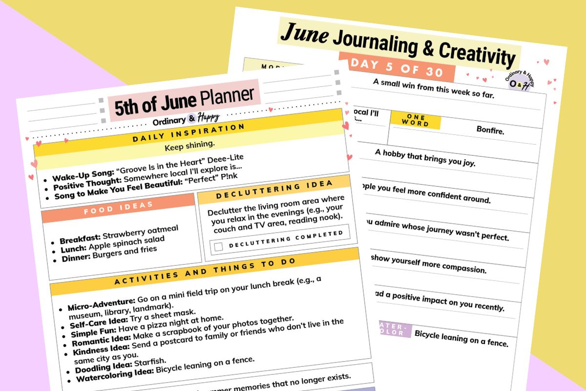 june 5th daily planner and june 5th journaling worksheet on an orange and lilac block color background