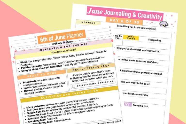 june 6th daily planner and journaling worksheet overlapping on a diagonal 2-color red and yellow background