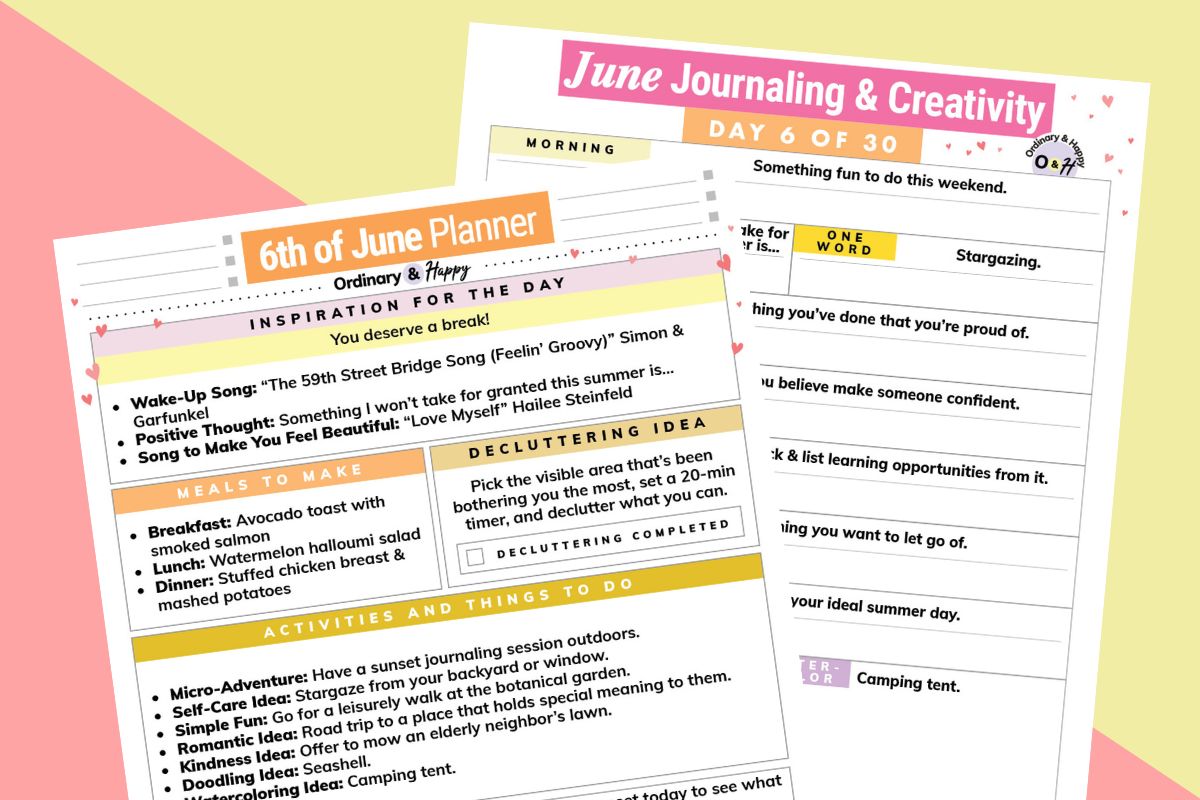 june 6th daily planner and journaling worksheet overlapping on a diagonal 2-color red and yellow background