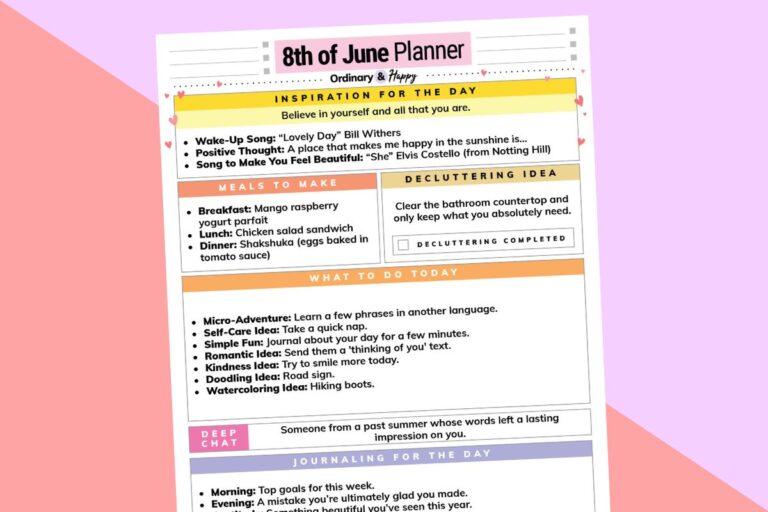 june 8th daily planner printable tilted to the left on a lilac and red background