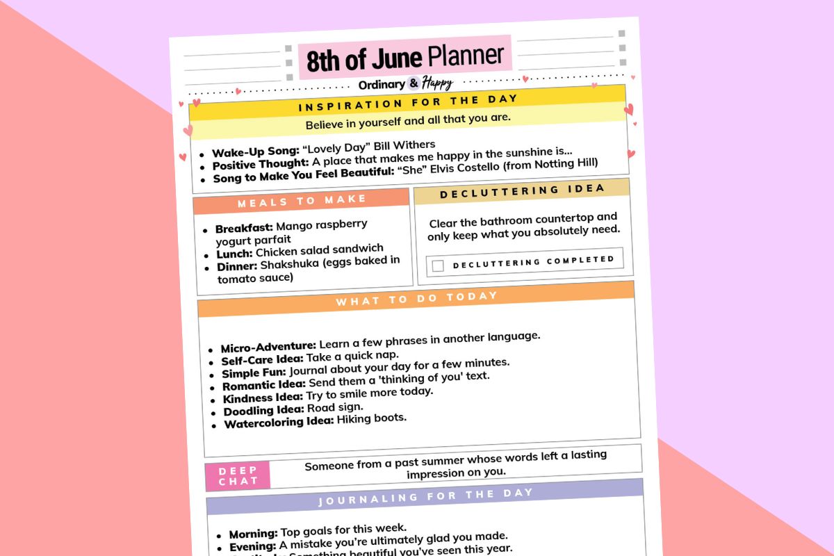june 8th daily planner printable tilted to the left on a lilac and red background