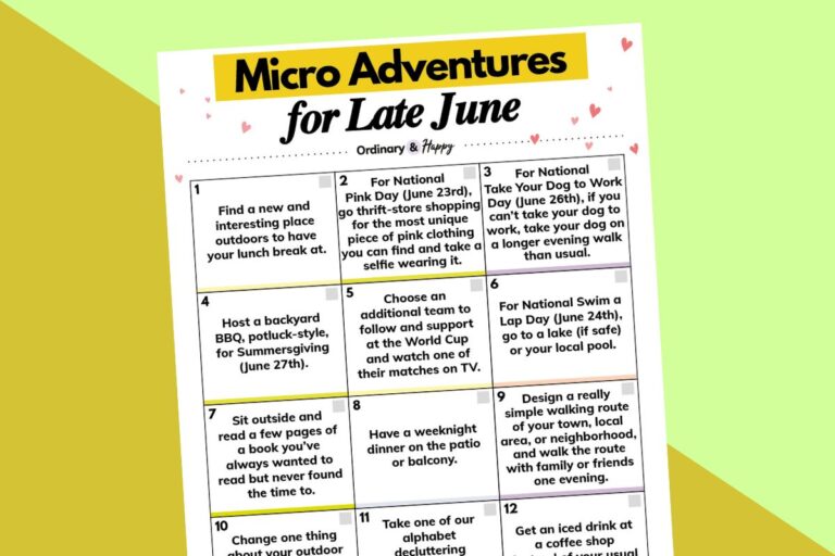 calendar of micro-adventures for late june displayed on an orange and yellow 2-color background