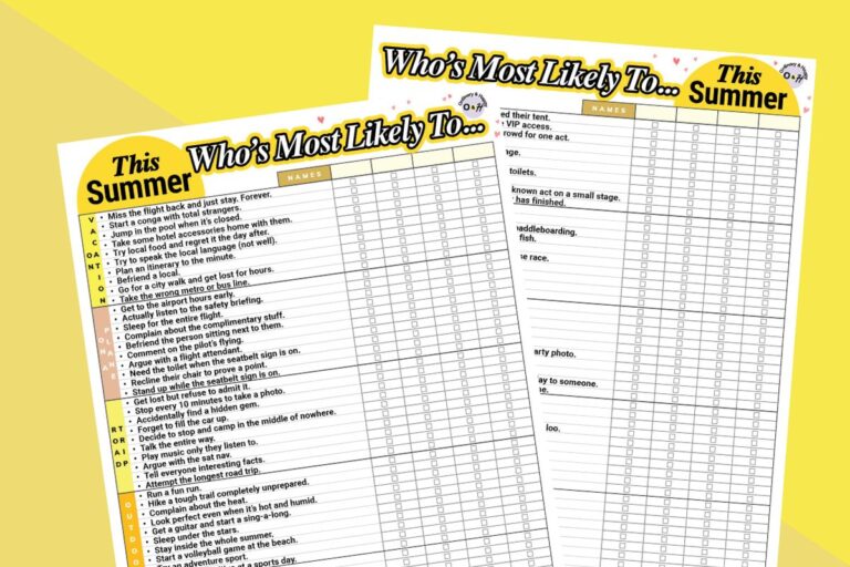 who's most likely to summer edition printables displayed on an orange and yellow background