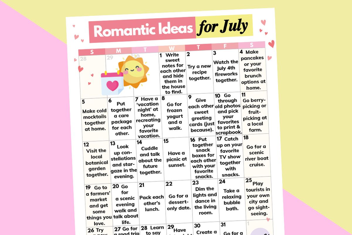 calendar of romantic ideas for july displayed on a diagonal color lilac and yellow background