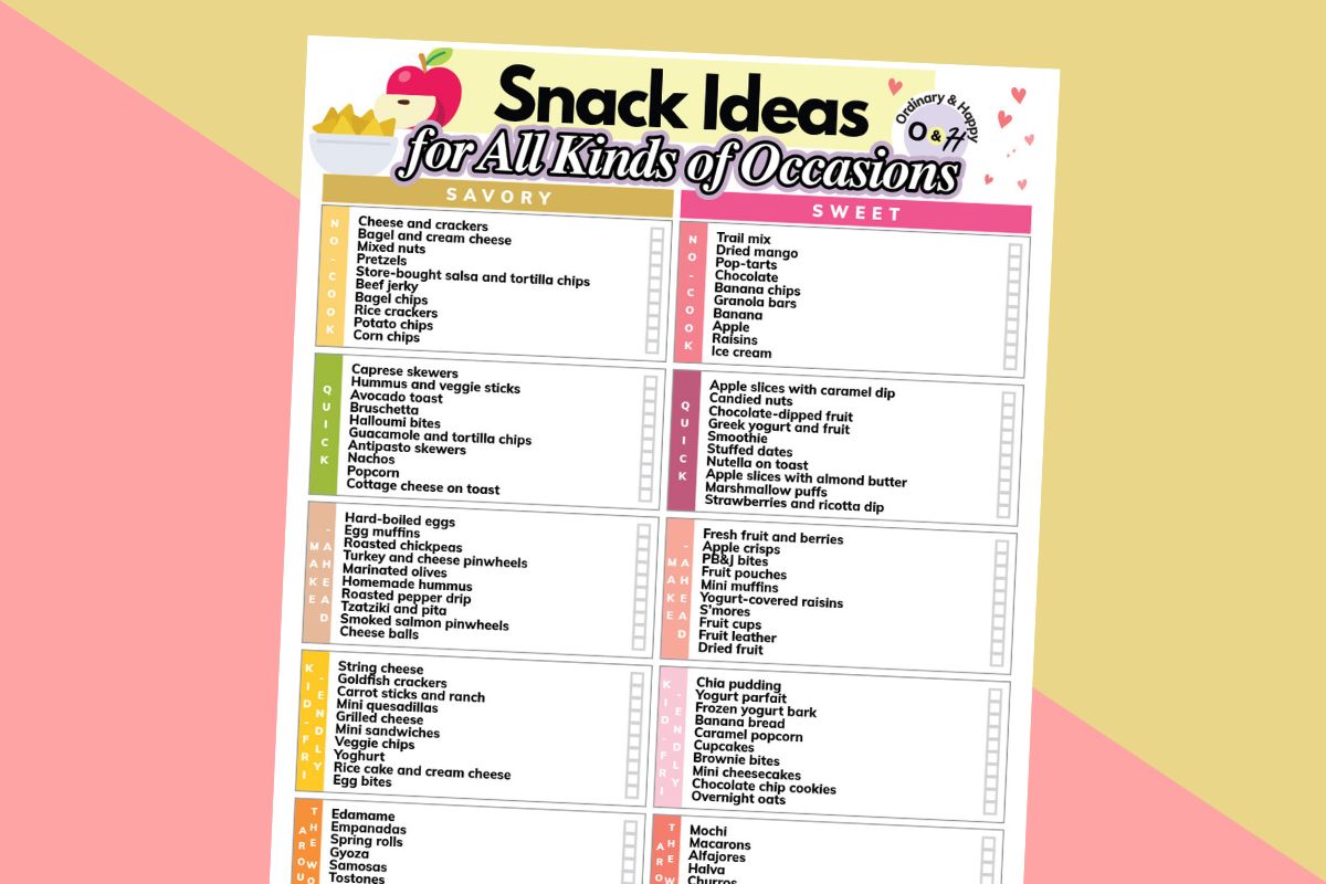 snack ideas printable on a 2-color yellow and pink background