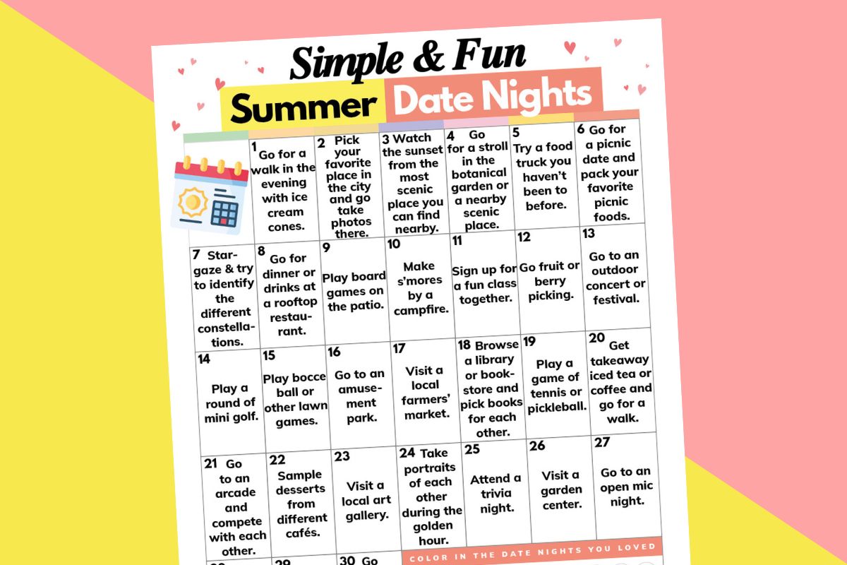 calendar of 30 summer date night ideas on a red and yellow block color background