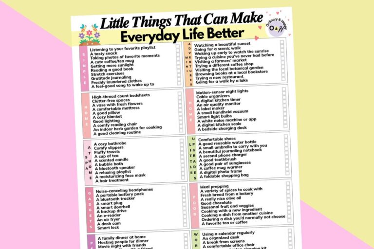 a big list of little things that can make everyday life better displayed on a diagonal 2-color lilac and yellow background