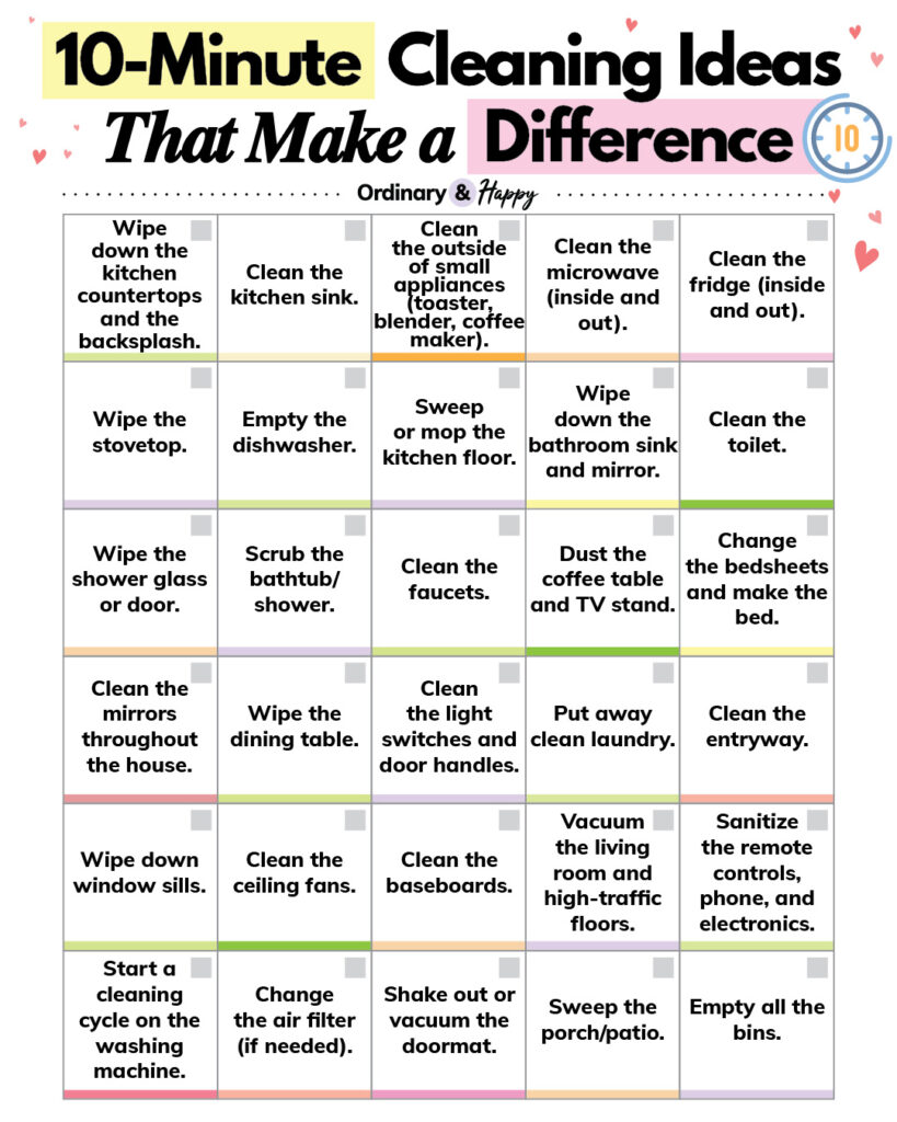 list of 30 10-minute cleaning ideas in a 5x6 checklist printable