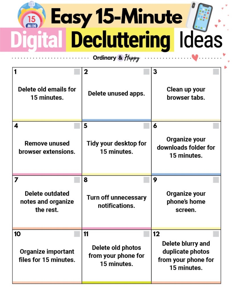 15-Min Digital Decluttering Ideas in a 3x4 grid checklist