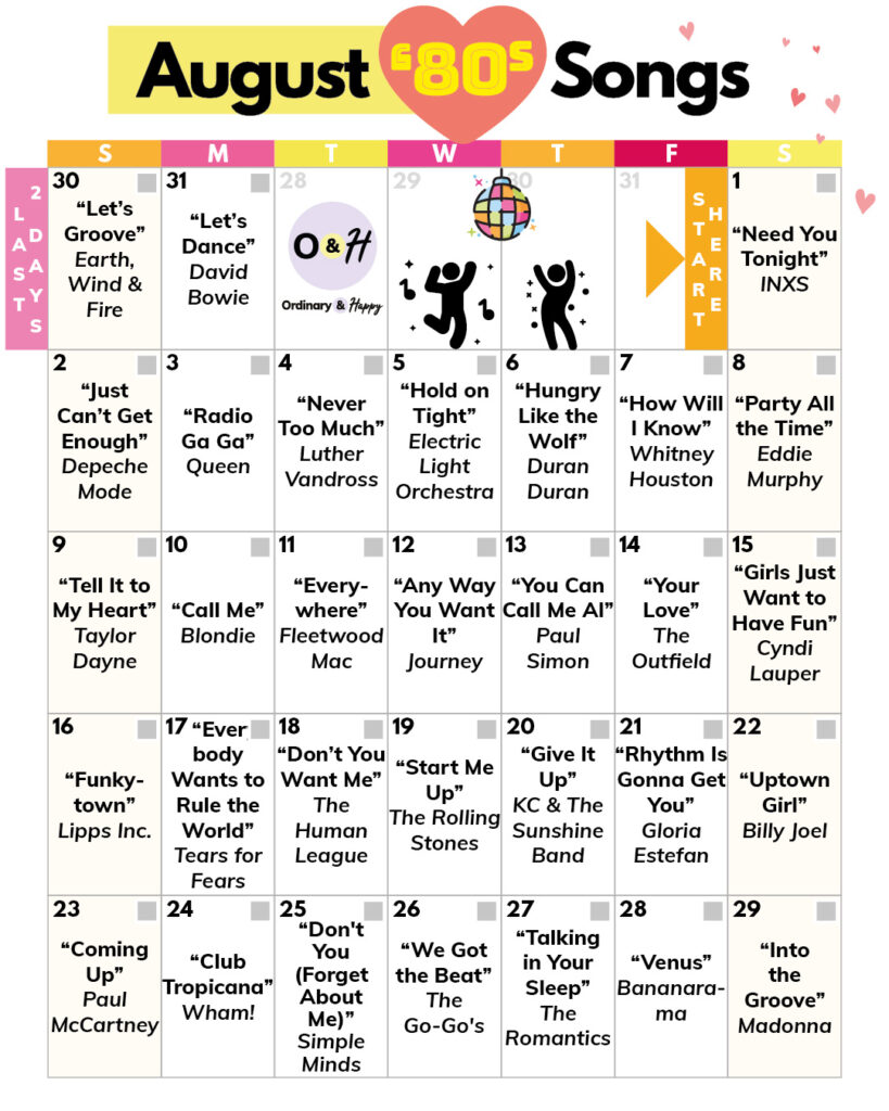 August 80s song calendar.