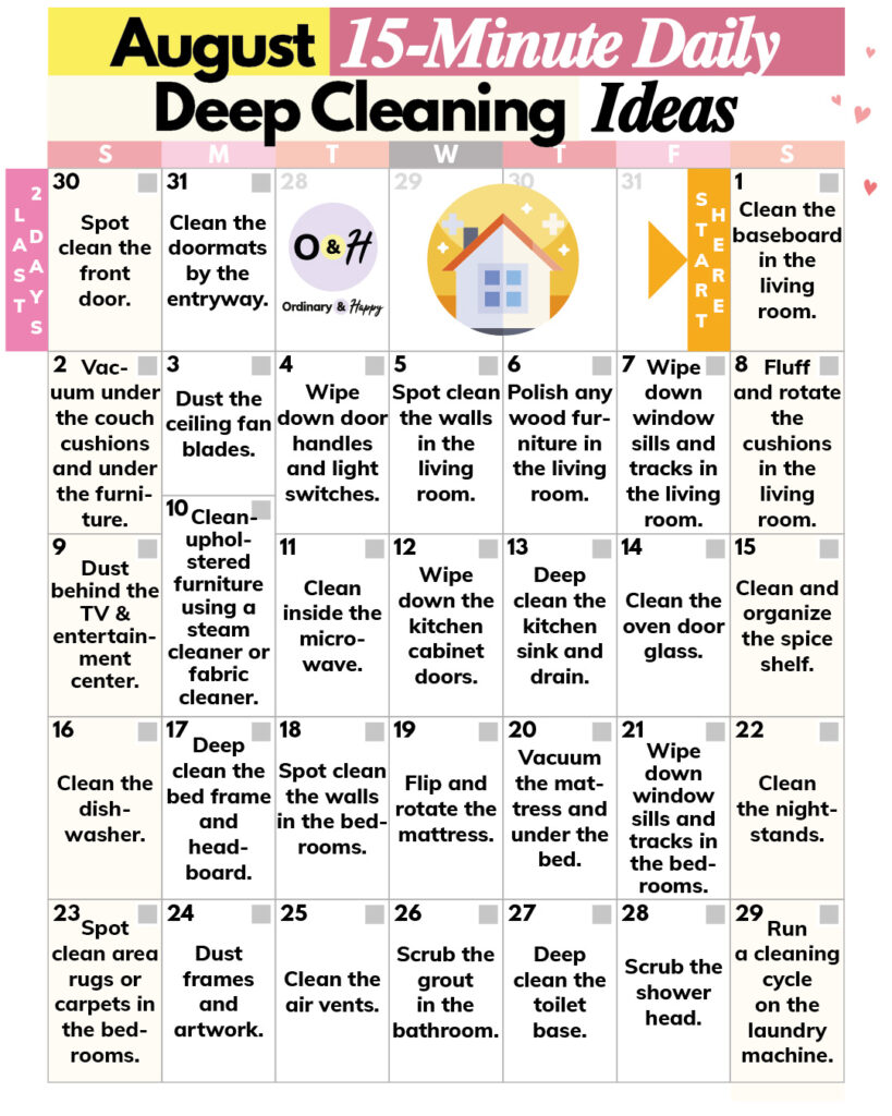 august 15-minute deep-cleaning ideas calendar with a list of ideas displayed in a 31-day 7x5 calendar grid for the month