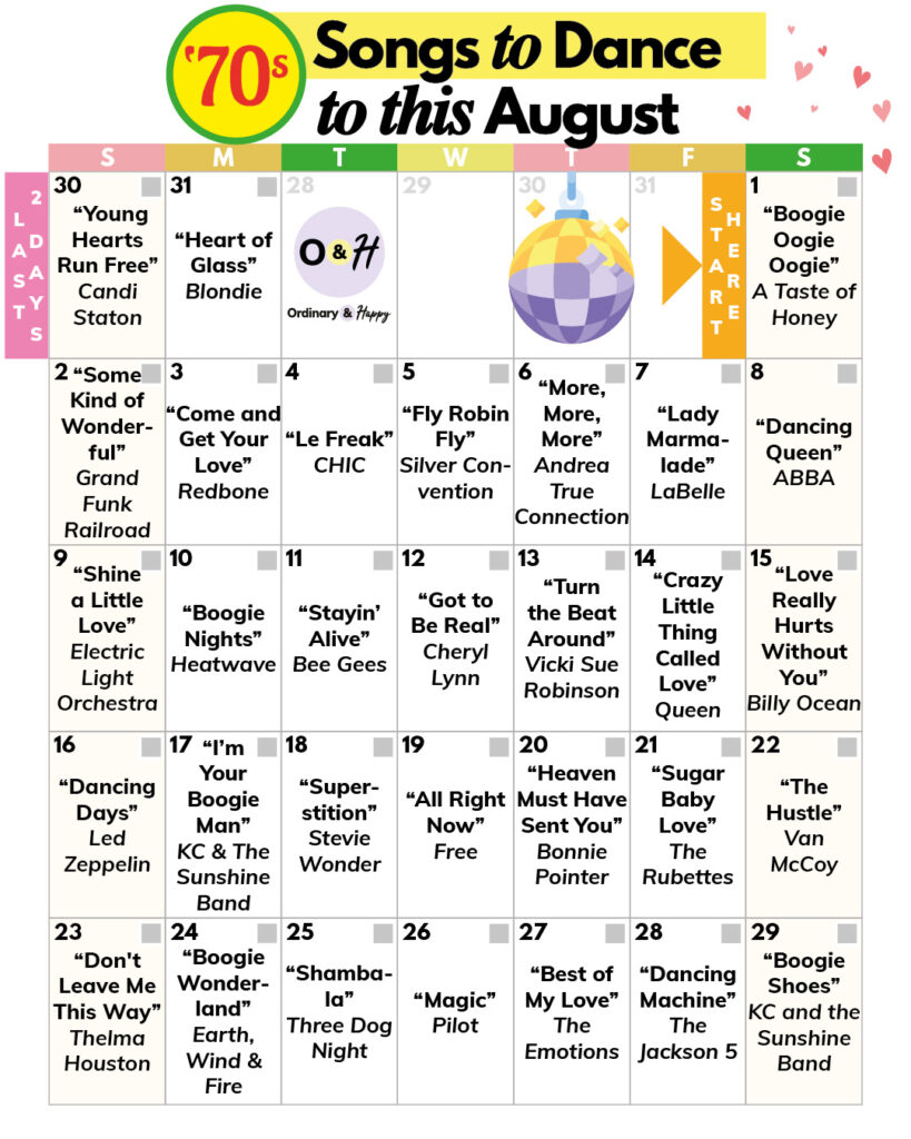 70s August Song Calendar.
