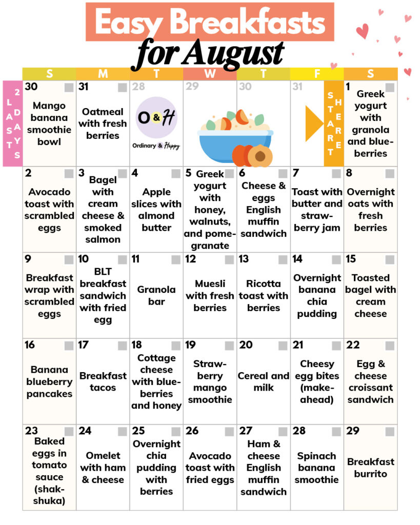 August breakfast ideas in a calendar.
