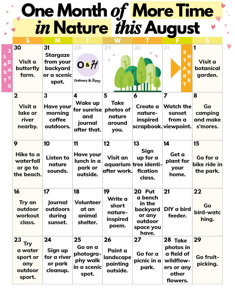 31-day calendar of ideas to connect with nature more in august displayed in a 7x5 calendar grid with color-coded days of the week