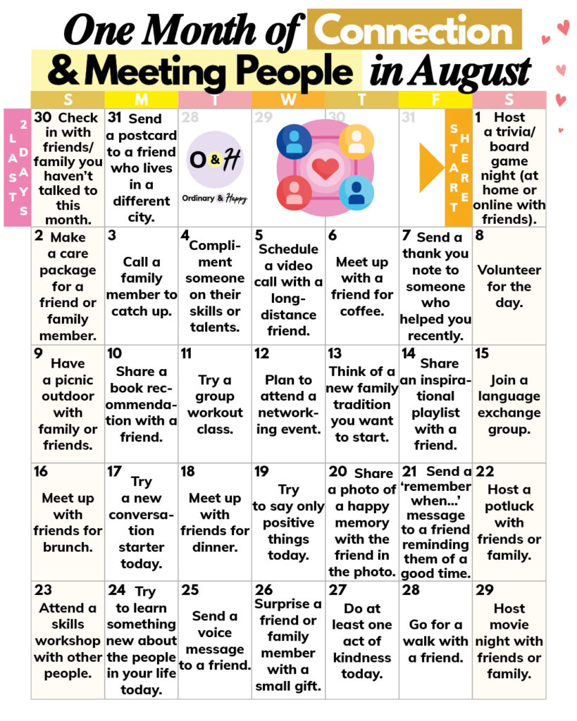 31-day calendar of connection and meeting people ideas for august listed in a 7x5 calendar grid
