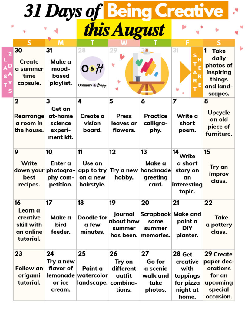 list of daily creative activities for august displayed in a 7x5 calendar grid format