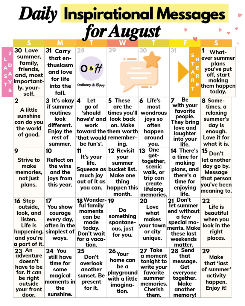 calendar of daily inspirational messages for august listed in a 7x5 31-day calendar grid for the month