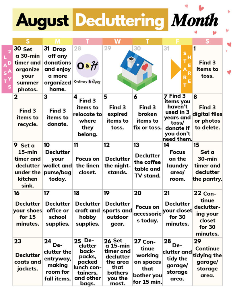 august decluttering ideas calendar with 31 ideas to declutter displayed in a 7x5 calendar grid format