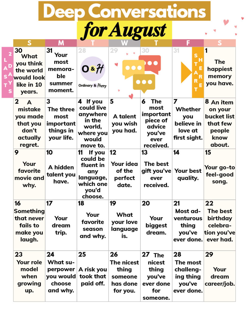 august deep conversation topics displayed in a 7x5 31-day calendar